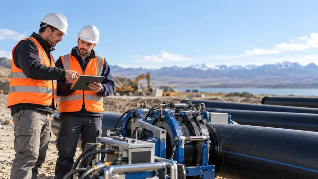 Servicios hidráulicos en México: técnicos revisando una máquina de termofusión junto a tubería HDPE